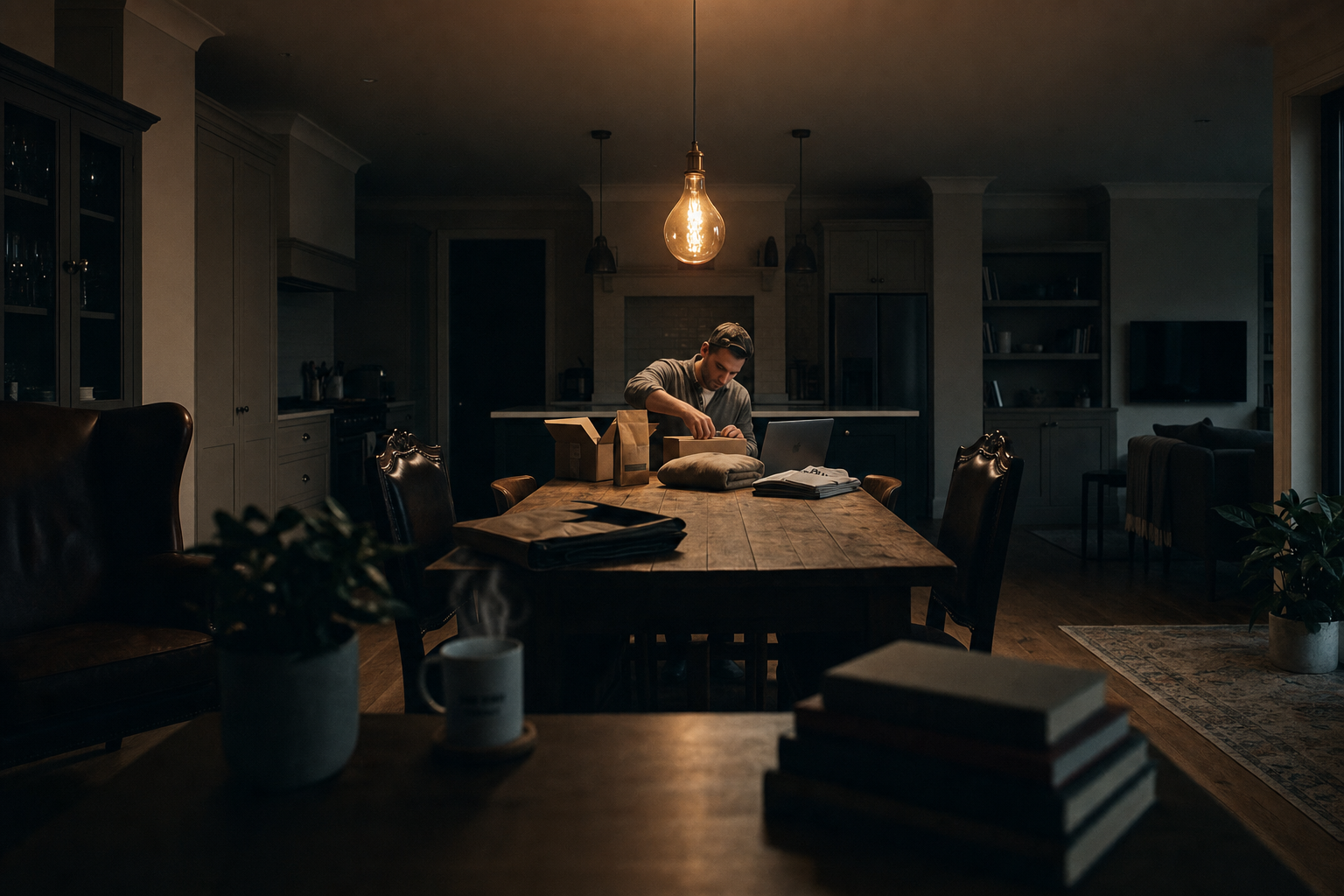 Founder packing orders at the kitchen table late at night under a single warm bulb