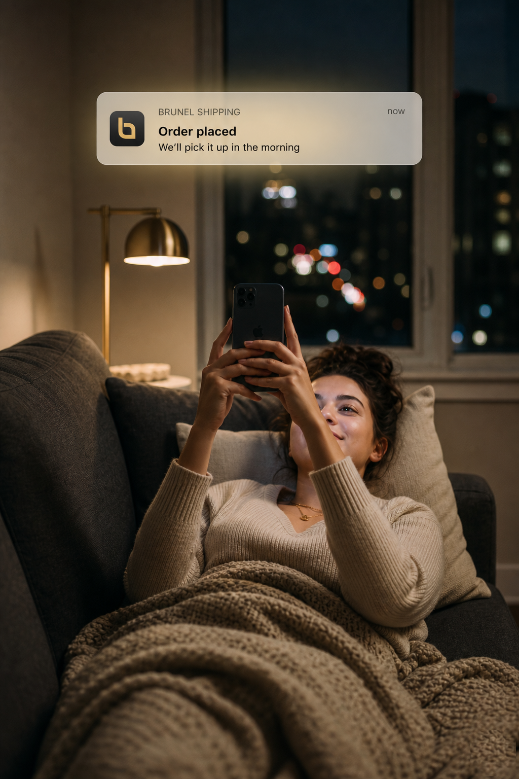 Customer relaxing on her couch at night, placing an order on her phone