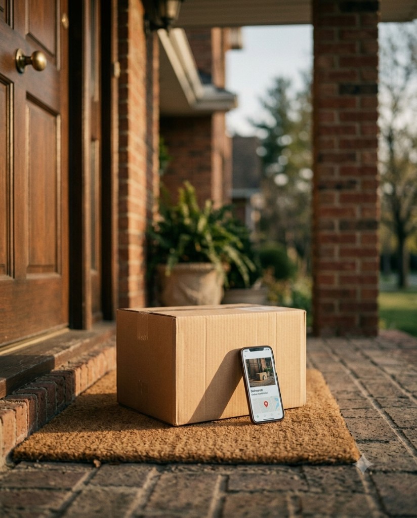 Parcel delivered at the front door with GPS photo proof shown on a phone