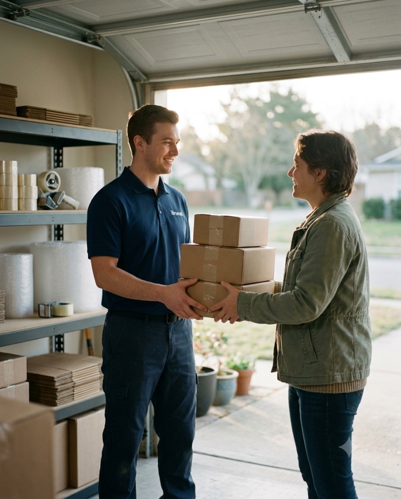 Merchant handing packed parcels to a Brunel driver during morning pickup